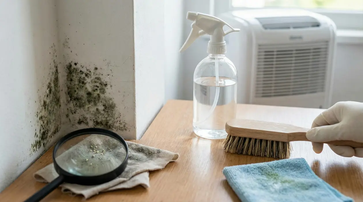 Muffa su una parete, con strumenti di pulizia come spruzzatore, spazzola e lente d'ingrandimento su un tavolo