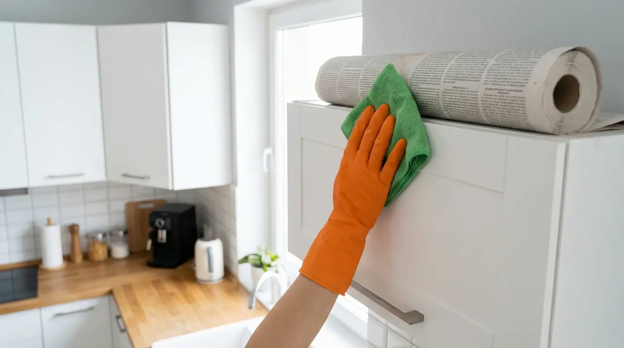 Mano con guanto arancione pulisce sopra i pensili della cucina con un panno verde