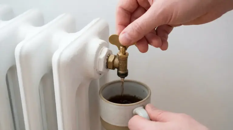 Una mano apre la valvola di un termosifone per far fuoriuscire l'acqua in una tazza