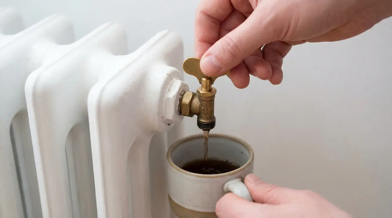 Una mano apre la valvola di un termosifone per far fuoriuscire l'acqua in una tazza