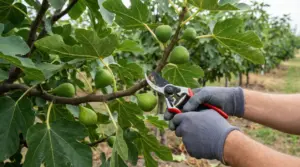Persona che pota un ramo di fico con frutti acerbi in un frutteto