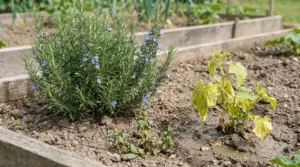Pianta di rosmarino accanto a una pianta vicina ingiallita in un orto rialzato