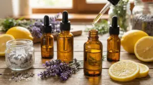 Flaconcini di vetro ambrato con oli essenziali, lavanda, limoni e ingredienti naturali su un tavolo di legno