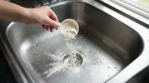 Una mano versa farina nel lavandino della cucina