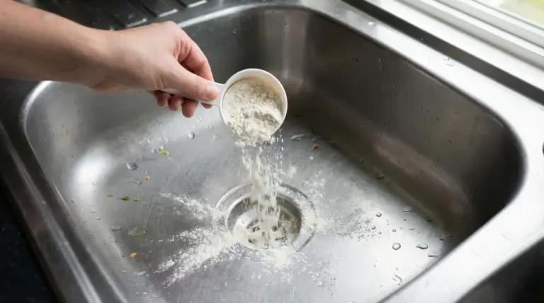 Una mano versa farina nel lavandino della cucina