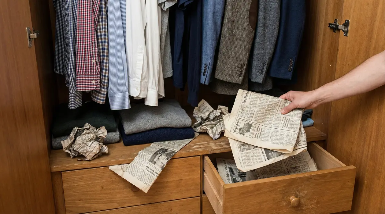 Una mano inserisce fogli di giornale in un armadio di legno tra vestiti piegati e appesi
