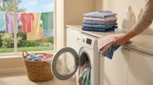 Persona che carica una lavatrice con vestiti piegati e bucato in cesto e sullo stendibiancheria