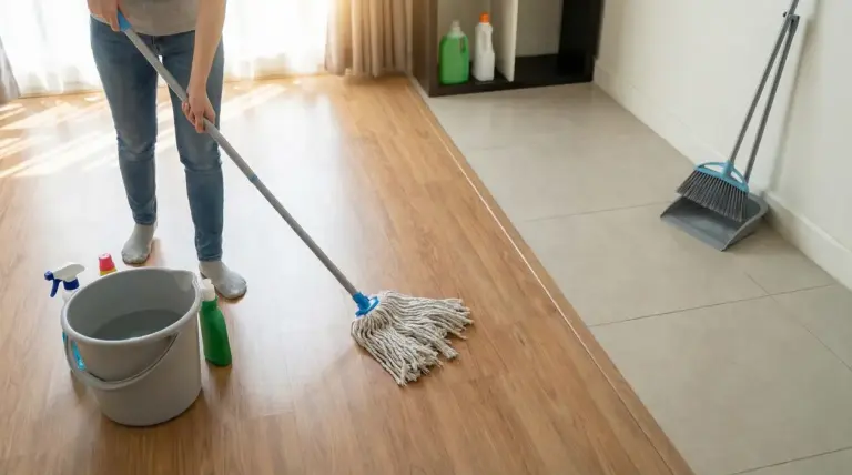 Una persona pulisce il pavimento di casa con un mocio e un secchio d’acqua