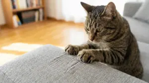 Gatto che graffia il bracciolo di un divano in tessuto grigio