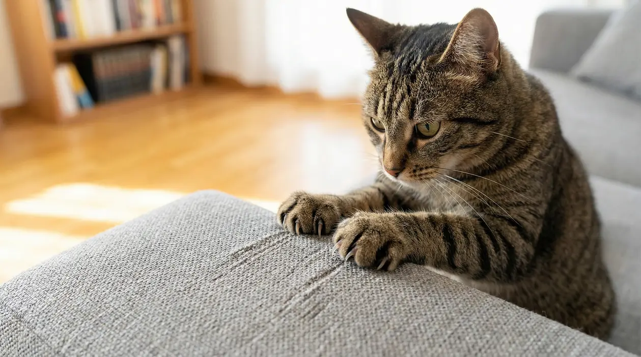 Gatto che graffia il bracciolo di un divano in tessuto grigio