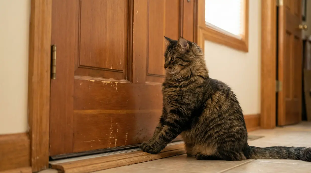 Gatto tigrato seduto davanti a una porta chiusa in una casa