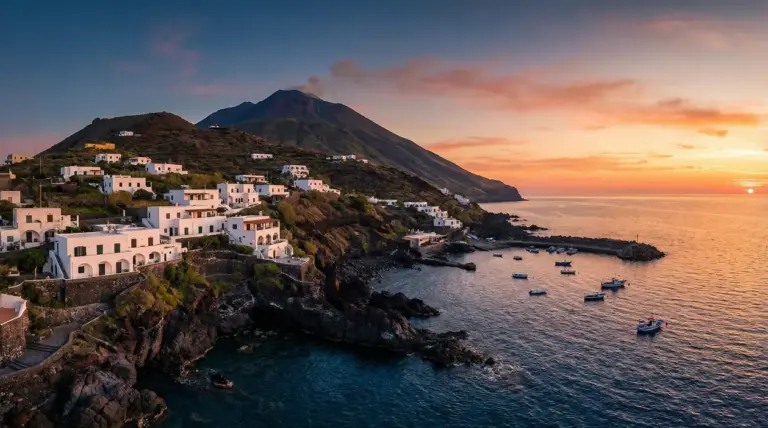 Vista panoramica di Ginostra al tramonto con il mare, case bianche e il vulcano Stromboli sullo sfondo