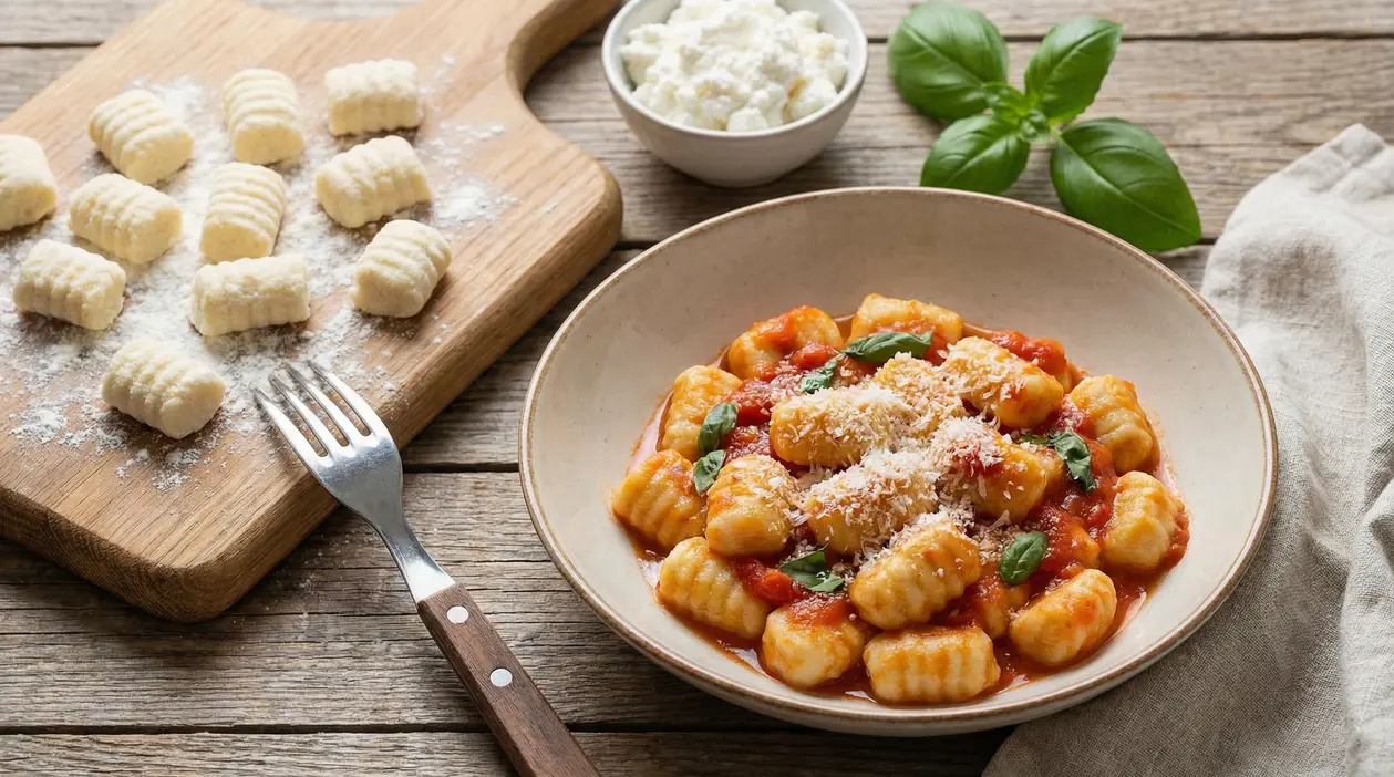 Gnocchi di ricotta fatti in casa con sugo di pomodoro e basilico in un piatto, accanto a gnocchi crudi su un tagliere