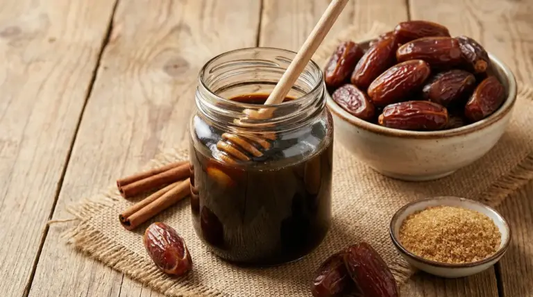 Un barattolo di sciroppo di datteri con accanto datteri interi, zucchero di canna e stecche di cannella