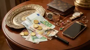 Oggetti di lusso su un tavolo, tra cui denaro, gioielli, orologi e uno smartphone