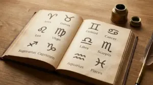 Libro aperto con i simboli e i nomi dei dodici segni zodiacali su un tavolo di legno