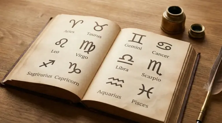 Libro aperto con i simboli e i nomi dei dodici segni zodiacali su un tavolo di legno