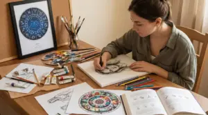 Persona che disegna a matita su un tavolo da lavoro con materiali artistici e simboli zodiacali