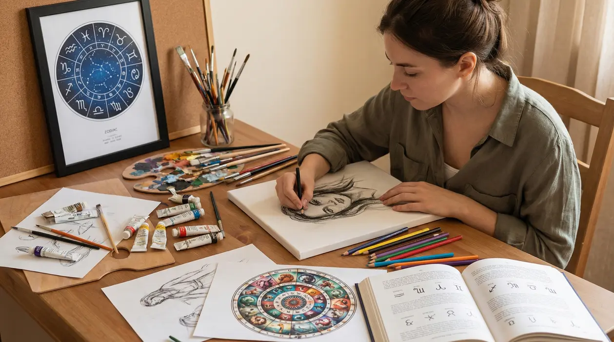 Persona che disegna a matita su un tavolo da lavoro con materiali artistici e simboli zodiacali