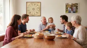 Famiglia riunita a tavola che condivide un pasto in un ambiente domestico accogliente