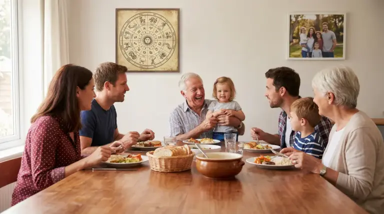 Famiglia riunita a tavola che condivide un pasto in un ambiente domestico accogliente