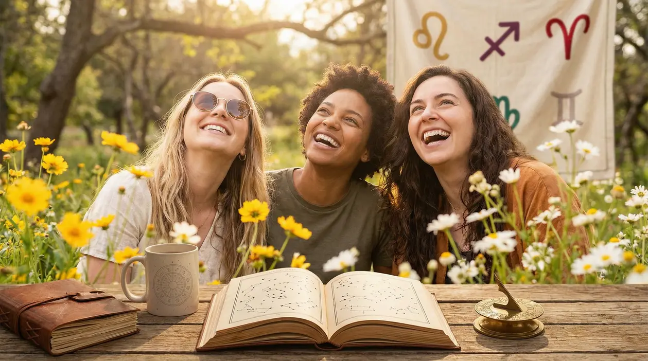 Tre persone sorridenti sedute in un prato tra fiori, con simboli zodiacali sullo sfondo