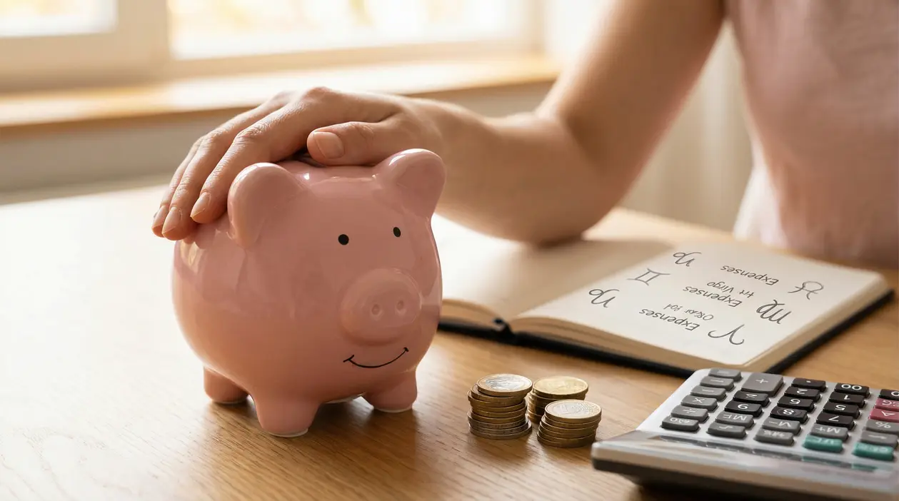 Persona con salvadanaio rosa, monete, calcolatrice e quaderno con simboli zodiacali