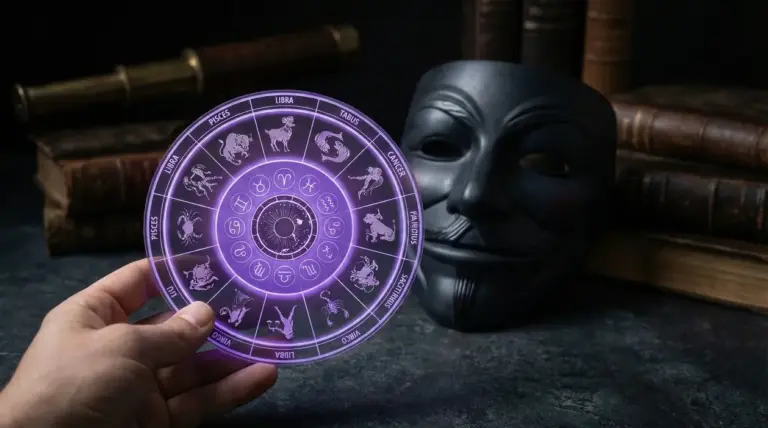 Una mano tiene un disco zodiacale luminoso vicino a una maschera nera e libri antichi