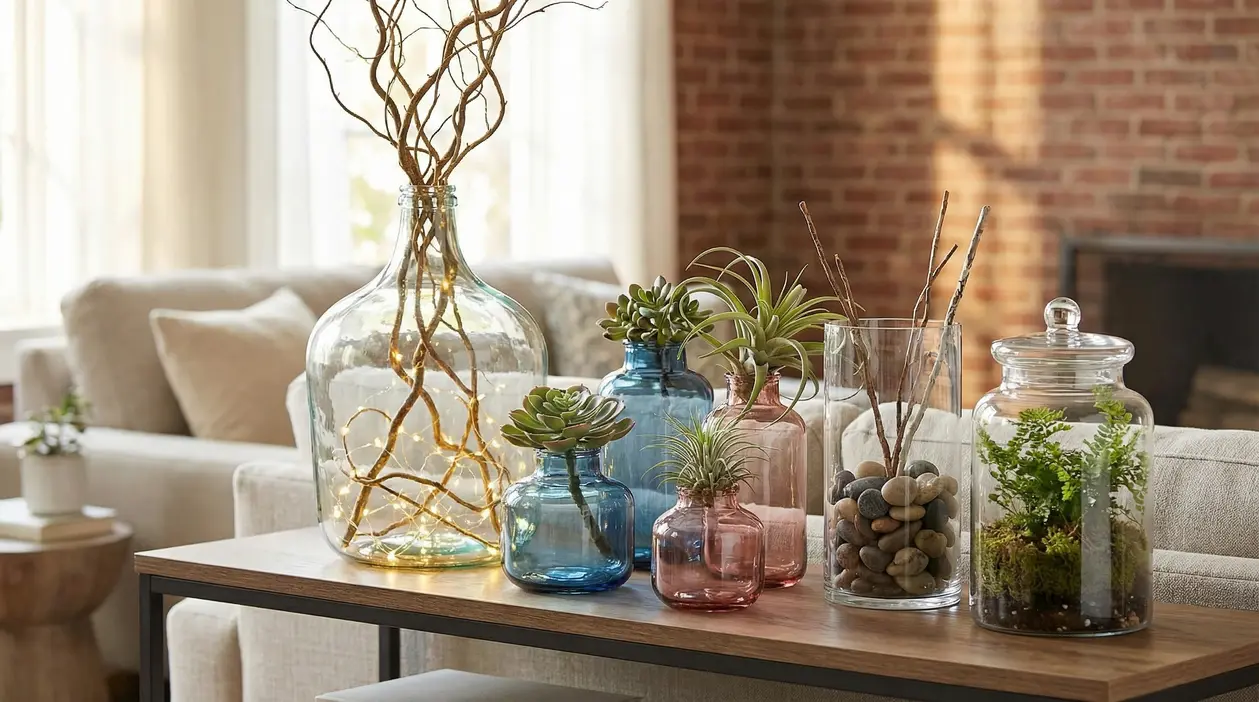Vasi di vetro decorativi con piante grasse, luci e rami su un tavolino in salotto
