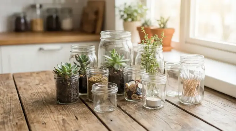 Vasetti di vetro riutilizzati con piante, bottoni, spezie e altri oggetti su un tavolo in legno.