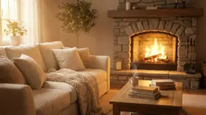 Salotto accogliente con divano beige, plaid intrecciato e camino acceso in pietra
