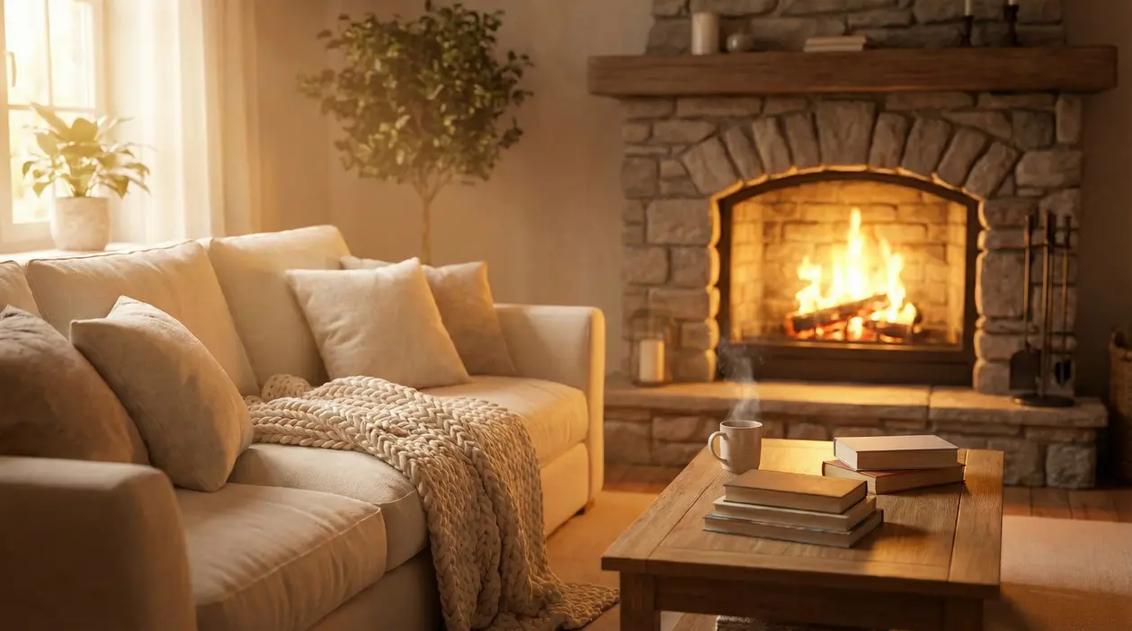 Salotto accogliente con divano beige, plaid intrecciato e camino acceso in pietra