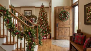 Ingresso di casa decorato per Natale con albero, ghirlande e luci sulle scale