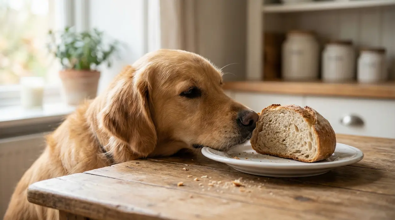 Cane annusa una fetta di pane su un tavolo di legno in cucina
