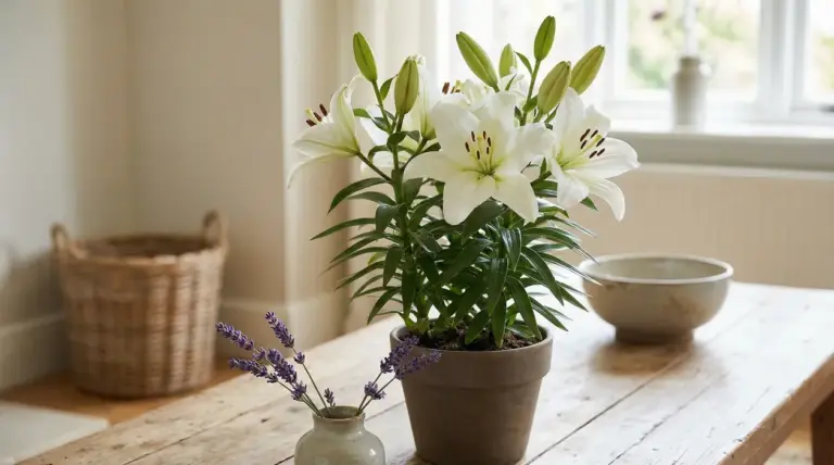 Pianta di gigli bianchi in vaso su un tavolo di legno vicino a un vaso di lavanda