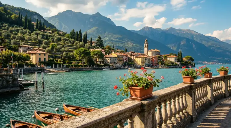 Vista sul lago con barche ormeggiate, fiori e villaggio italiano tra le montagne