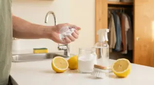 Una mano tiene del bicarbonato vicino a limoni, barattolo di vetro e spruzzatore su un piano cucina