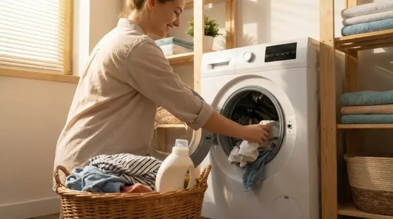Persona che inserisce il bucato in lavatrice in una lavanderia luminosa