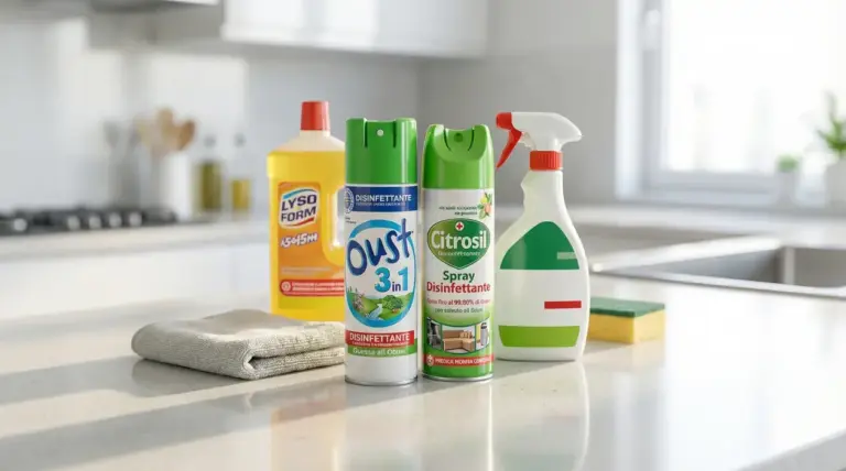 Prodotti disinfettanti su un piano cucina in ambiente domestico luminoso