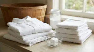 Capi bianchi piegati accanto a una ciotola con un cubetto e un barattolo di polvere bianca