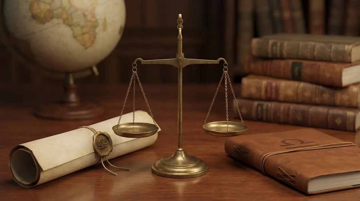 Bilancia dorata su scrivania con libri antichi e oggetti legati al segno zodiacale della Bilancia