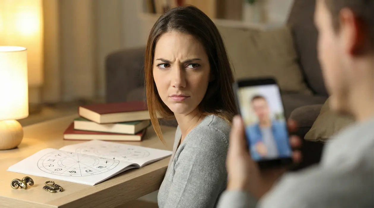 Donna con espressione sospettosa guarda una persona che tiene in mano uno smartphone