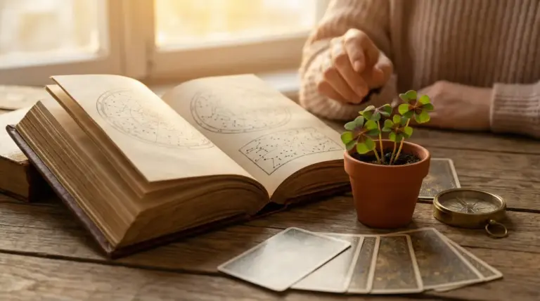 Libro di astrologia aperto su un tavolo con una pianta di quadrifogli e carte da divinazione