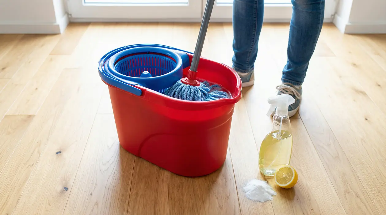 Secchio per la pulizia con mocio, spray, limone e bicarbonato su pavimento in legno