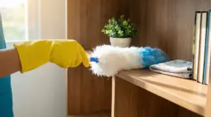 Una mano con guanto giallo spolvera una mensola con un piumino