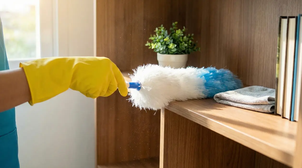 Una mano con guanto giallo spolvera una mensola con un piumino