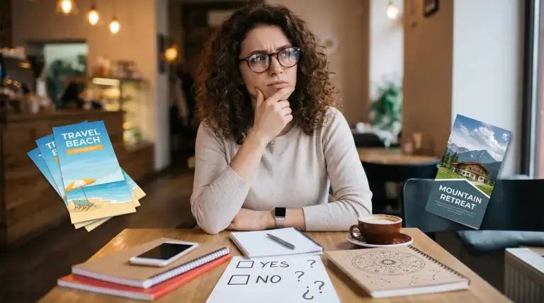 Una persona pensierosa guarda lontano seduta a un tavolo con volantini e blocchi per appunti