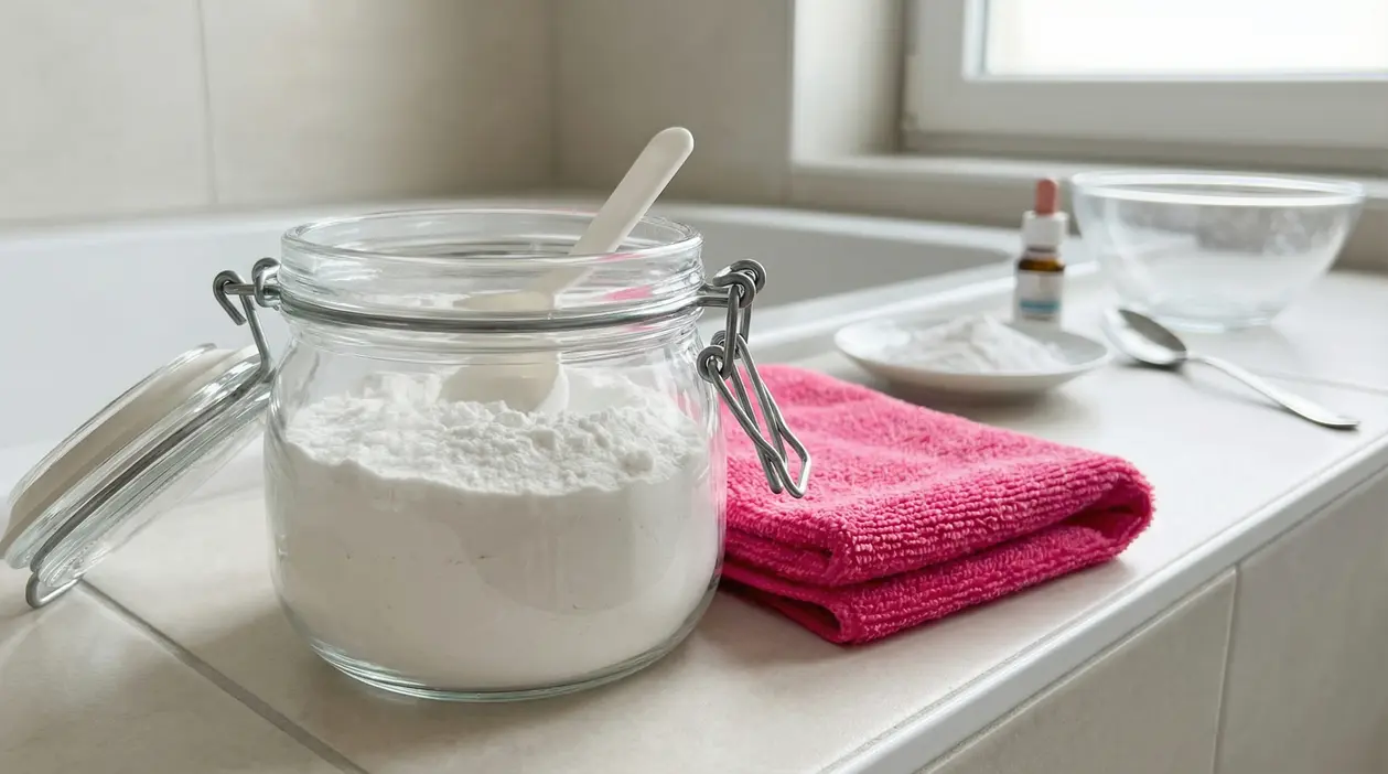 Barattolo di vetro con polvere bianca su un panno rosa vicino a ingredienti per detersivo fai da te