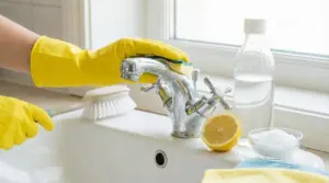 Persona con guanti gialli pulisce un rubinetto con limone, aceto, sale e spugna