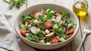 Insalata fresca con portulaca, pomodorini, cetrioli, ravanelli e feta in una ciotola su tavolo di legno